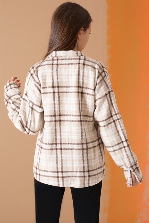 Krem Çizgi Desenli Kapaklı Cepli Kız Çocuk Oduncu Gömlek 19685