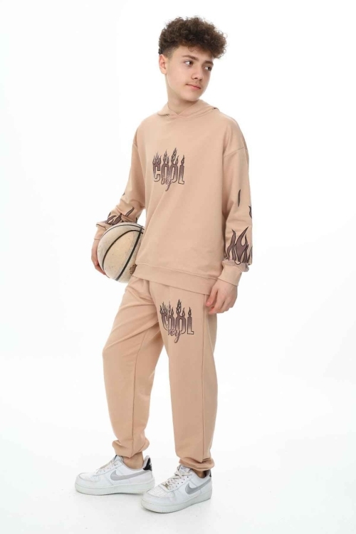 Krem Cool Yazılı Erkek Çocuk Kapüşonlu Eşofman Takımı 19585