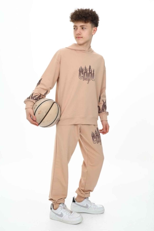 Krem Cool Yazılı Erkek Çocuk Kapüşonlu Eşofman Takımı 19585