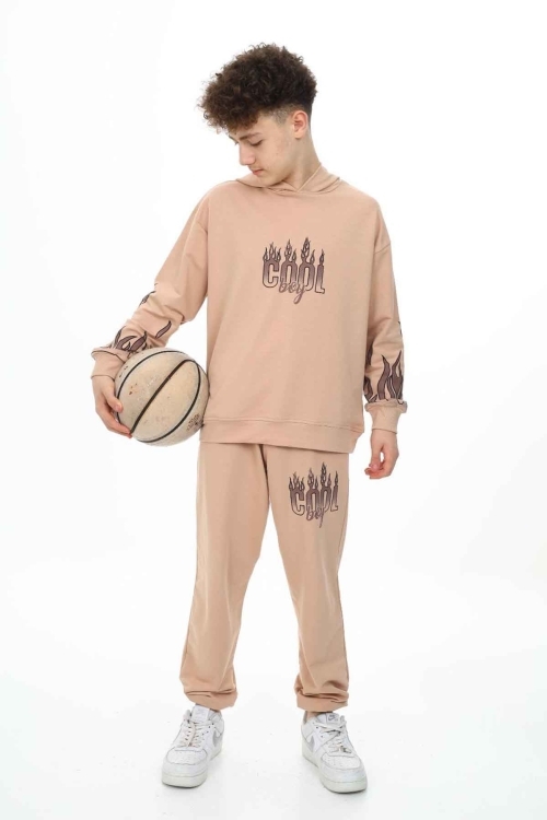 Krem Cool Yazılı Erkek Çocuk Kapüşonlu Eşofman Takımı 19585