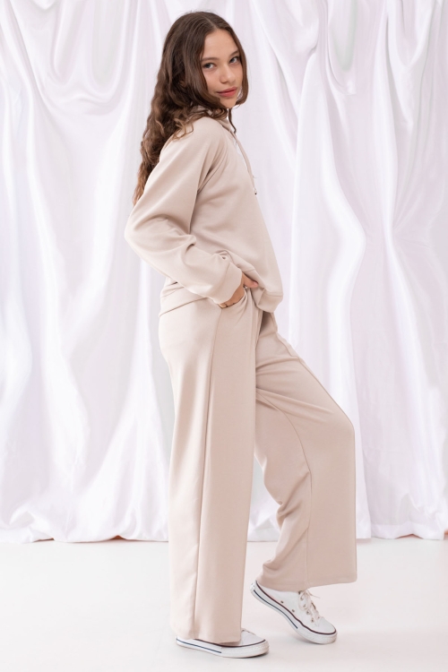 Krem Cool Yazılı Kapüşonlu Geniş Paça Kız Çocuk Eşofman Takımı 19535