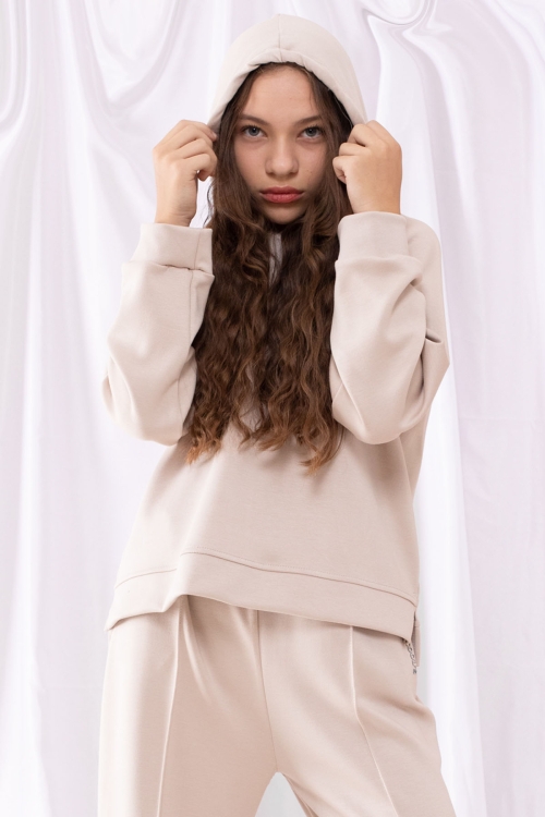 Krem Cool Yazılı Kapüşonlu Geniş Paça Kız Çocuk Eşofman Takımı 19535