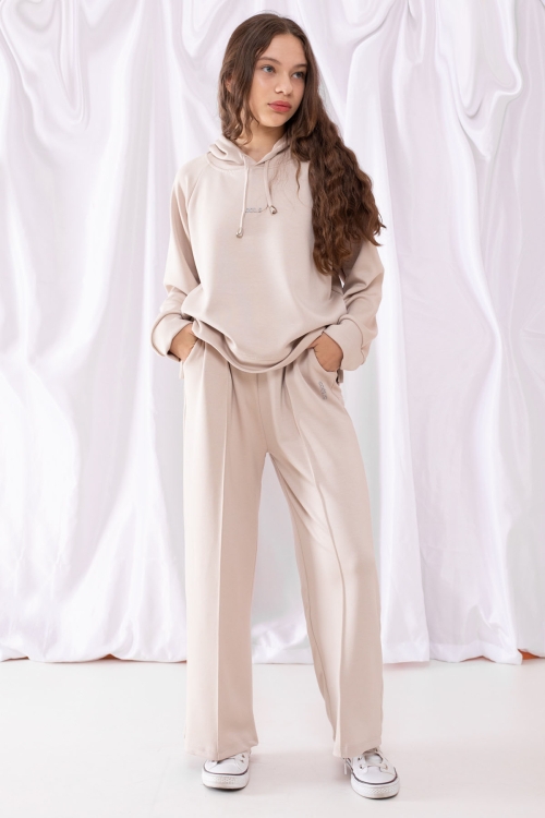 Krem Cool Yazılı Kapüşonlu Geniş Paça Kız Çocuk Eşofman Takımı 19535