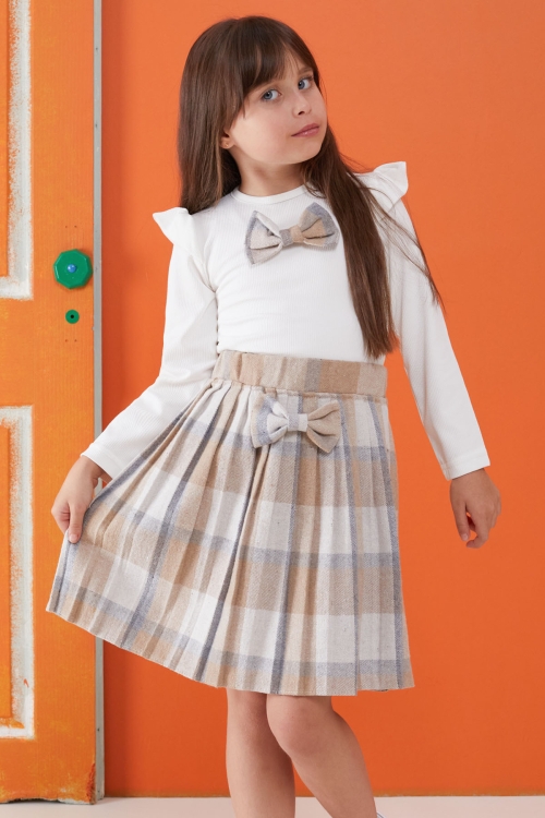 Krem Ekose Etekli Fiyonklu Badili Kız Çocuk Elbise Takımı 5-9 Yaş 17736