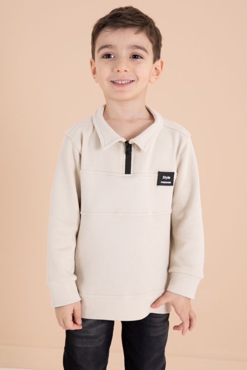Krem Fermuar Yakalı Sweatshirt ve Jean Pantolonlu Erkek Çocuk Takım 20109