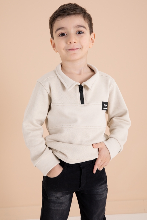 Krem Fermuar Yakalı Sweatshirt ve Jean Pantolonlu Erkek Çocuk Takım 20109