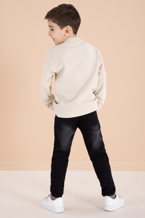 Krem Fermuar Yakalı Sweatshirt ve Jean Pantolonlu Erkek Çocuk Takım 20109