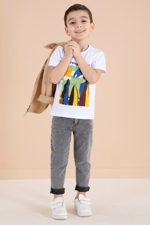 Krem Fermuarlı Ceketli Tişörtlü Erkek Çocuk 3lü Alt Üst Takım 19963