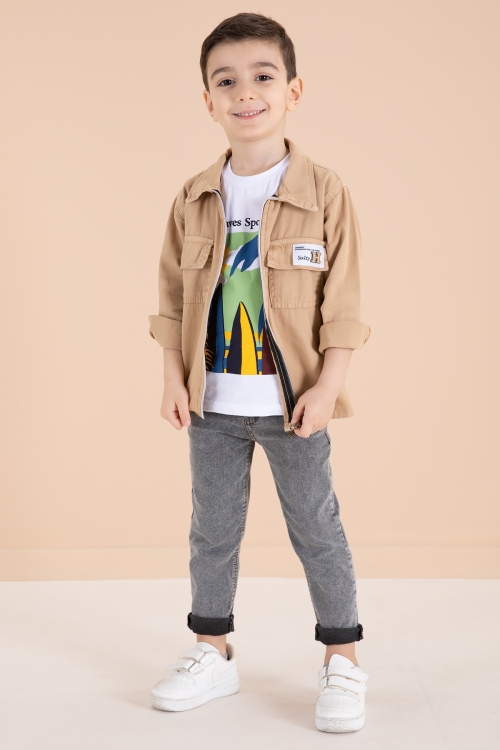 Krem Fermuarlı Ceketli Tişörtlü Erkek Çocuk 3lü Alt Üst Takım 19963