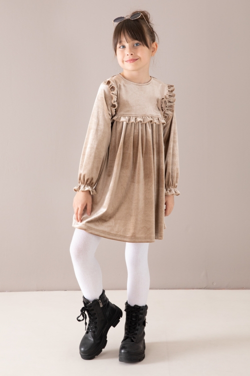 Krem Fırfır Detaylı Uzun Kol Kız Çocuk Kadife Elbise 19813