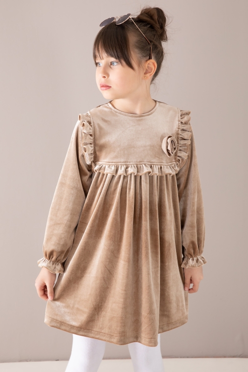 Krem Fırfır Detaylı Uzun Kol Kız Çocuk Kadife Elbise 19813