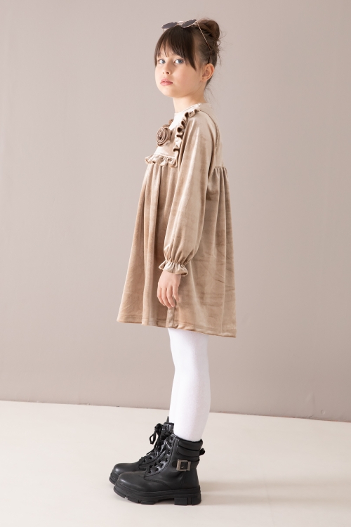 Krem Fırfır Detaylı Uzun Kol Kız Çocuk Kadife Elbise 19813