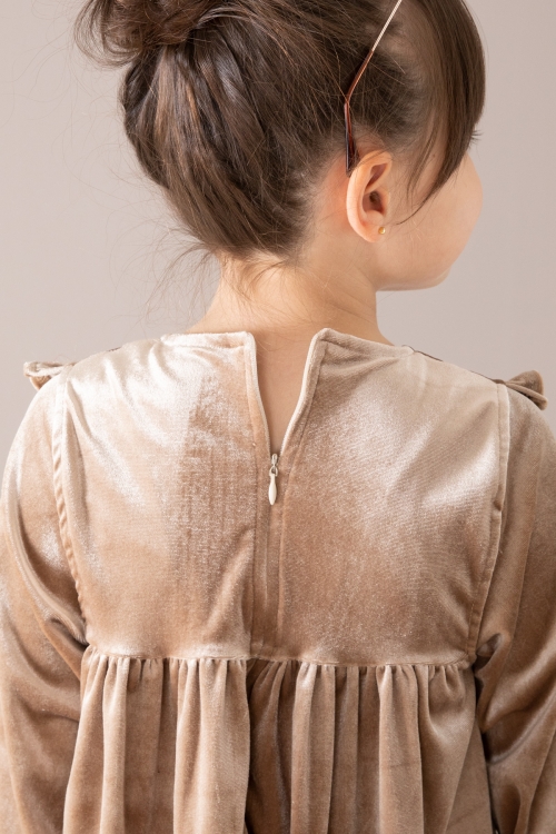 Krem Fırfır Detaylı Uzun Kol Kız Çocuk Kadife Elbise 19813