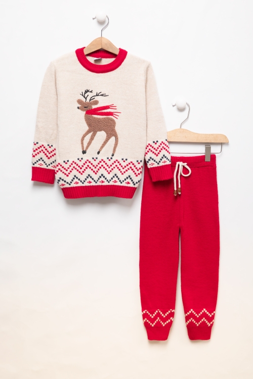 Krem Geyik İşlemeli Yılbaşı Temalı Çocuk Triko Takım 19833