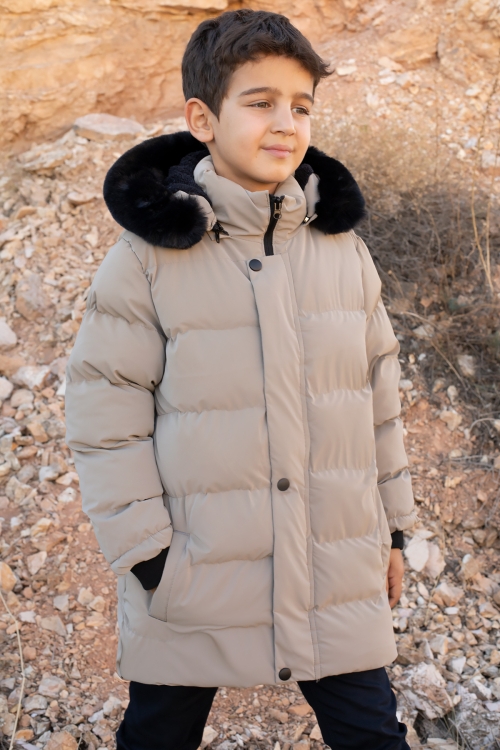 Krem İçi Kürklü Çıkarılabilir Kapüşonlu Erkek Çocuk Şişme Mont 19691