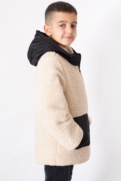 Krem Kanguru Cepli Kapüşonlu Erkek Çocuk Peluş Hırka 19679
