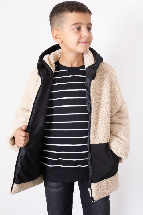 Krem Kanguru Cepli Kapüşonlu Erkek Çocuk Peluş Hırka 19679