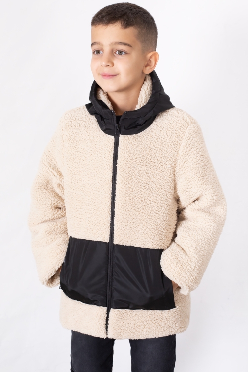 Krem Kanguru Cepli Kapüşonlu Erkek Çocuk Peluş Hırka 19679