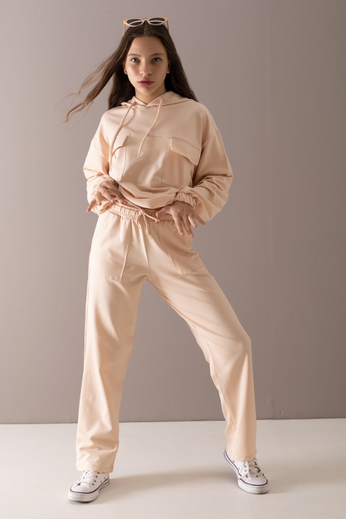 Krem Kapaklı Cepli Kapüşonlu Kız Çocuk Eşofman Takımı 19783