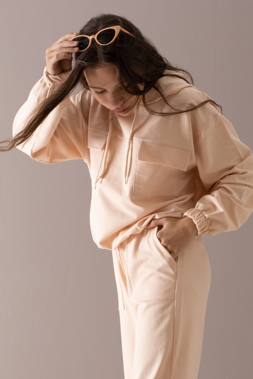 Krem Kapaklı Cepli Kapüşonlu Kız Çocuk Eşofman Takımı 19783