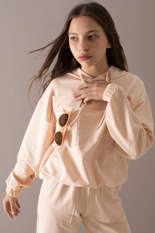 Krem Kapaklı Cepli Kapüşonlu Kız Çocuk Eşofman Takımı 19783