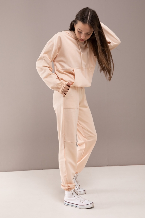 Krem Kapüşonlu Beli Lastikli Kız Çocuk Basic Eşofman Takımı 19751