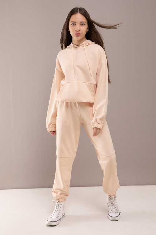 Krem Kapüşonlu Beli Lastikli Kız Çocuk Basic Eşofman Takımı 19751