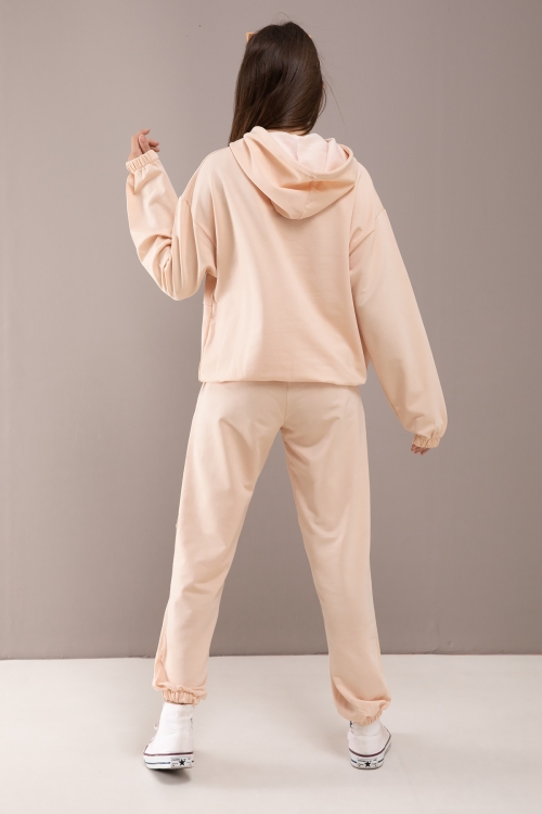 Krem Kapüşonlu Beli Lastikli Kız Çocuk Basic Eşofman Takımı 19751