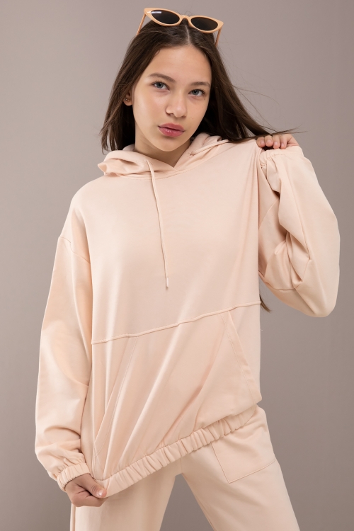 Krem Kapüşonlu Beli Lastikli Kız Çocuk Basic Eşofman Takımı 19751