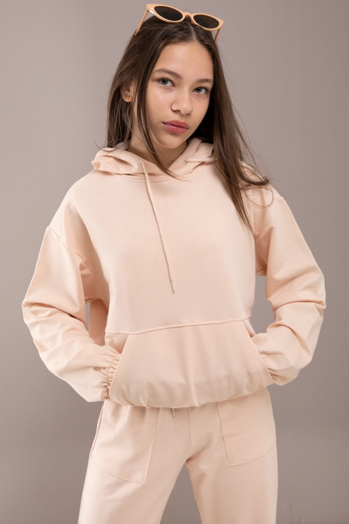 Krem Kapüşonlu Beli Lastikli Kız Çocuk Basic Eşofman Takımı 19751