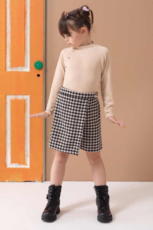 Krem Kazayağı Desenli Şort Etekli Badili Kız Çocuk Takım 19561