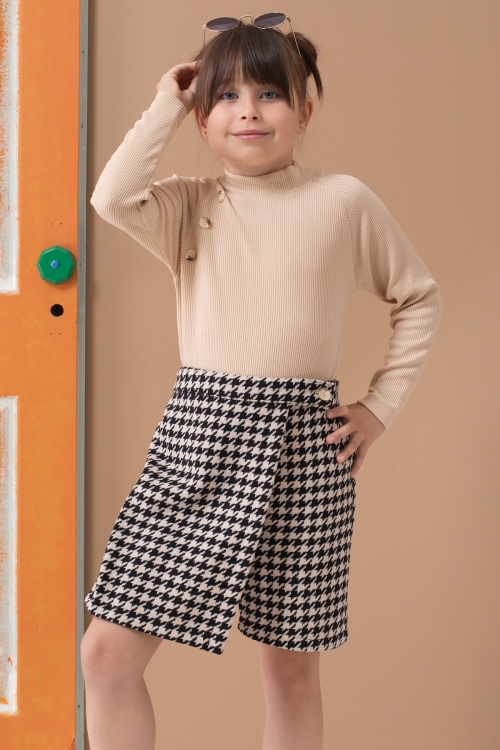 Krem Kazayağı Desenli Şort Etekli Badili Kız Çocuk Takım 19561