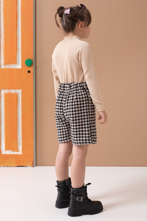 Krem Kazayağı Desenli Şort Etekli Badili Kız Çocuk Takım 19561