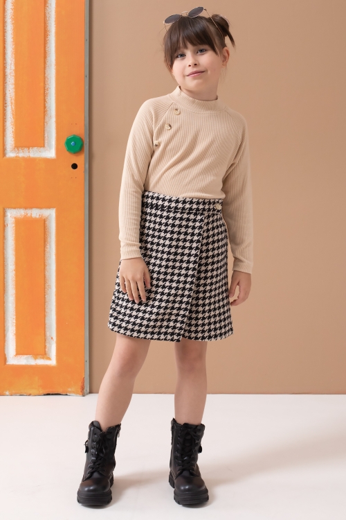 Krem Kazayağı Desenli Şort Etekli Badili Kız Çocuk Takım 19561