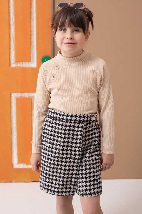 Krem Kazayağı Desenli Şort Etekli Badili Kız Çocuk Takım 19561