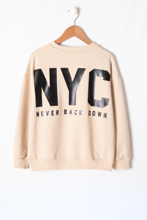 Krem NYC Yazılı Bisiklet Yaka Erkek Çocuk Sweatshirt 19630