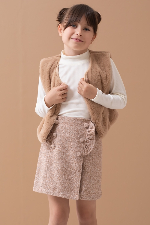 Krem Peluş Yelekli Badili Kız Çocuk Şort Etekli Takım 19555