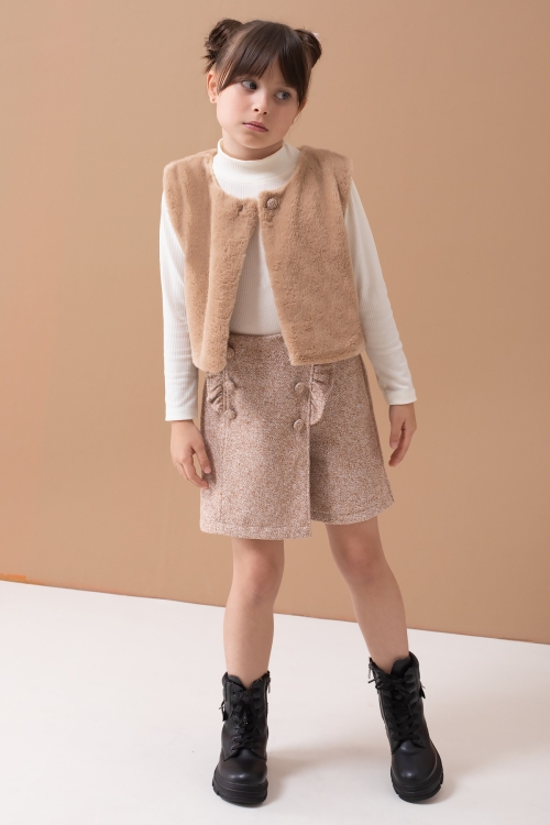 Krem Peluş Yelekli Badili Kız Çocuk Şort Etekli Takım 19555