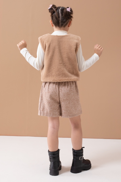 Krem Peluş Yelekli Badili Kız Çocuk Şort Etekli Takım 19555