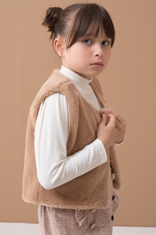 Krem Peluş Yelekli Badili Kız Çocuk Şort Etekli Takım 19555