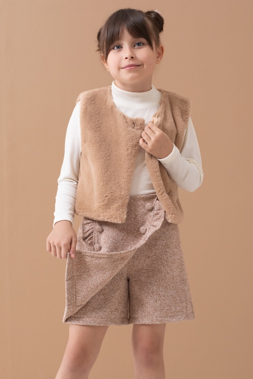 Krem Peluş Yelekli Badili Kız Çocuk Şort Etekli Takım 19555