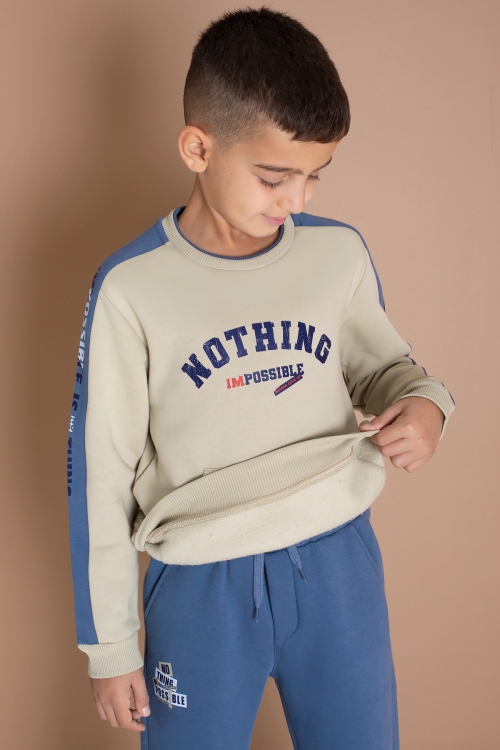 Krem Şerit Yazı Baskılı Şardonlu Erkek Çocuk Eşofman Takımı 19606