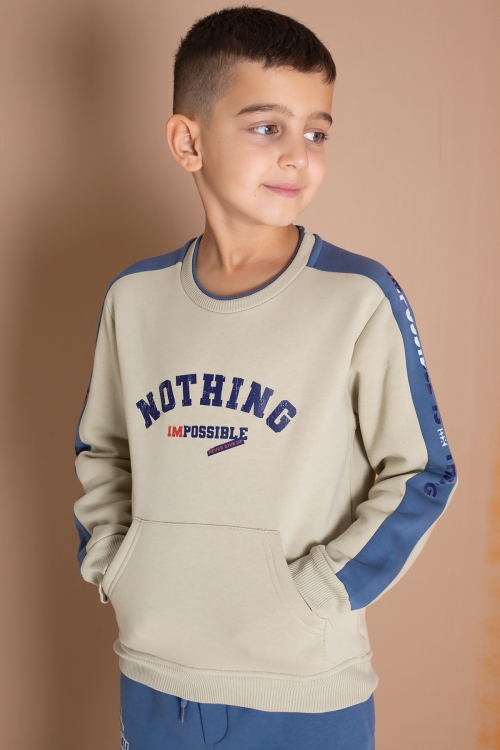 Krem Şerit Yazı Baskılı Şardonlu Erkek Çocuk Eşofman Takımı 19606