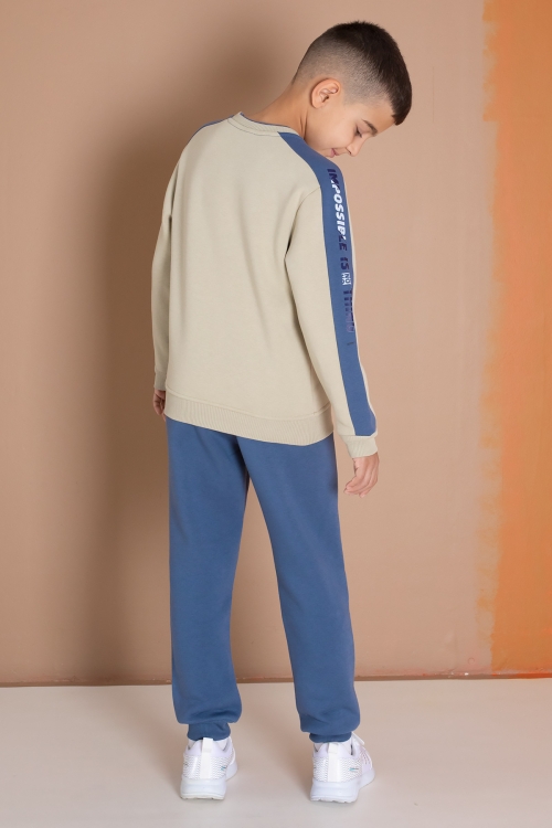 Krem Şerit Yazı Baskılı Şardonlu Erkek Çocuk Eşofman Takımı 19606