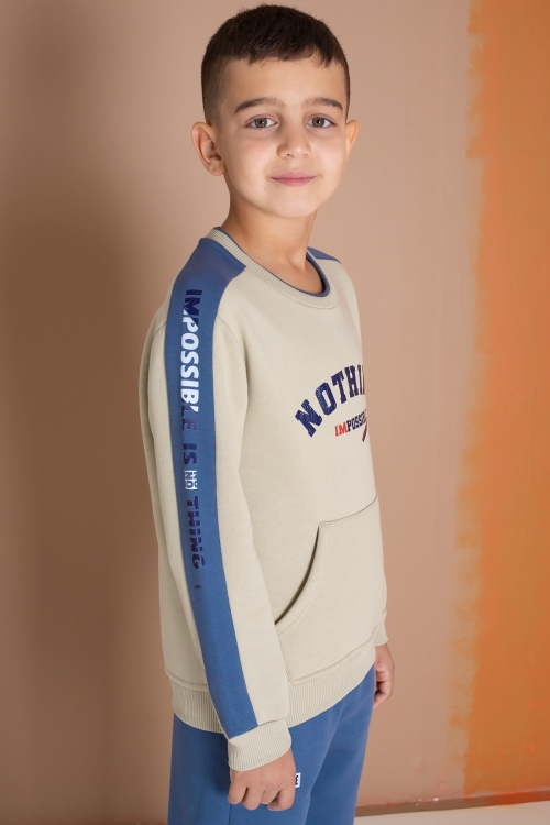 Krem Şerit Yazı Baskılı Şardonlu Erkek Çocuk Eşofman Takımı 19606