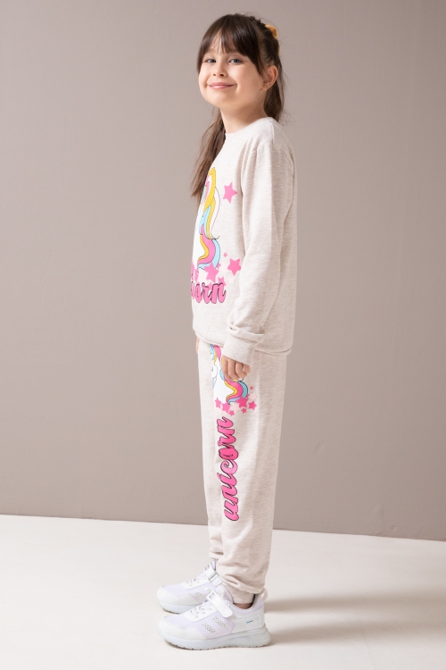 Krem Unicorn Baskılı Şardonlu Kız Çocuk Eşofman Takımı 19859