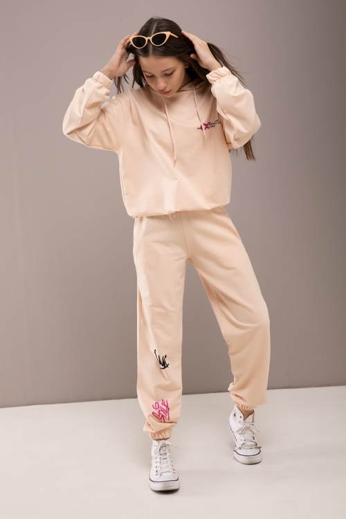 Krem Yazı Baskılı Kapüşonlu Kız Eşofman Takımı 19776