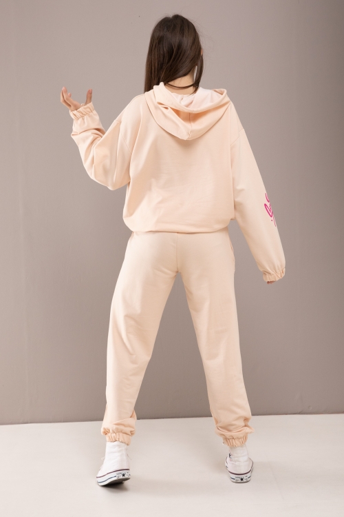 Krem Yazı Baskılı Kapüşonlu Kız Eşofman Takımı 19776