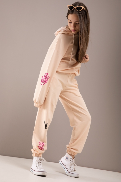 Krem Yazı Baskılı Kapüşonlu Kız Eşofman Takımı 19776