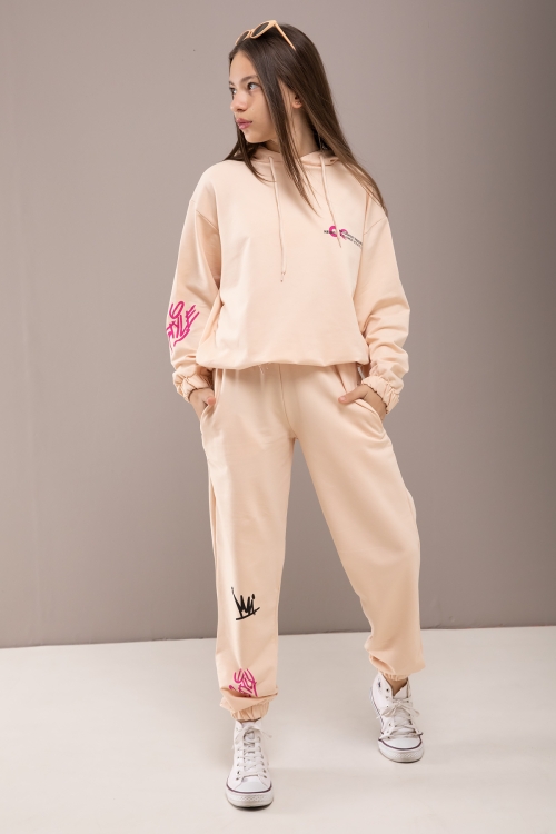 Krem Yazı Baskılı Kapüşonlu Kız Eşofman Takımı 19776